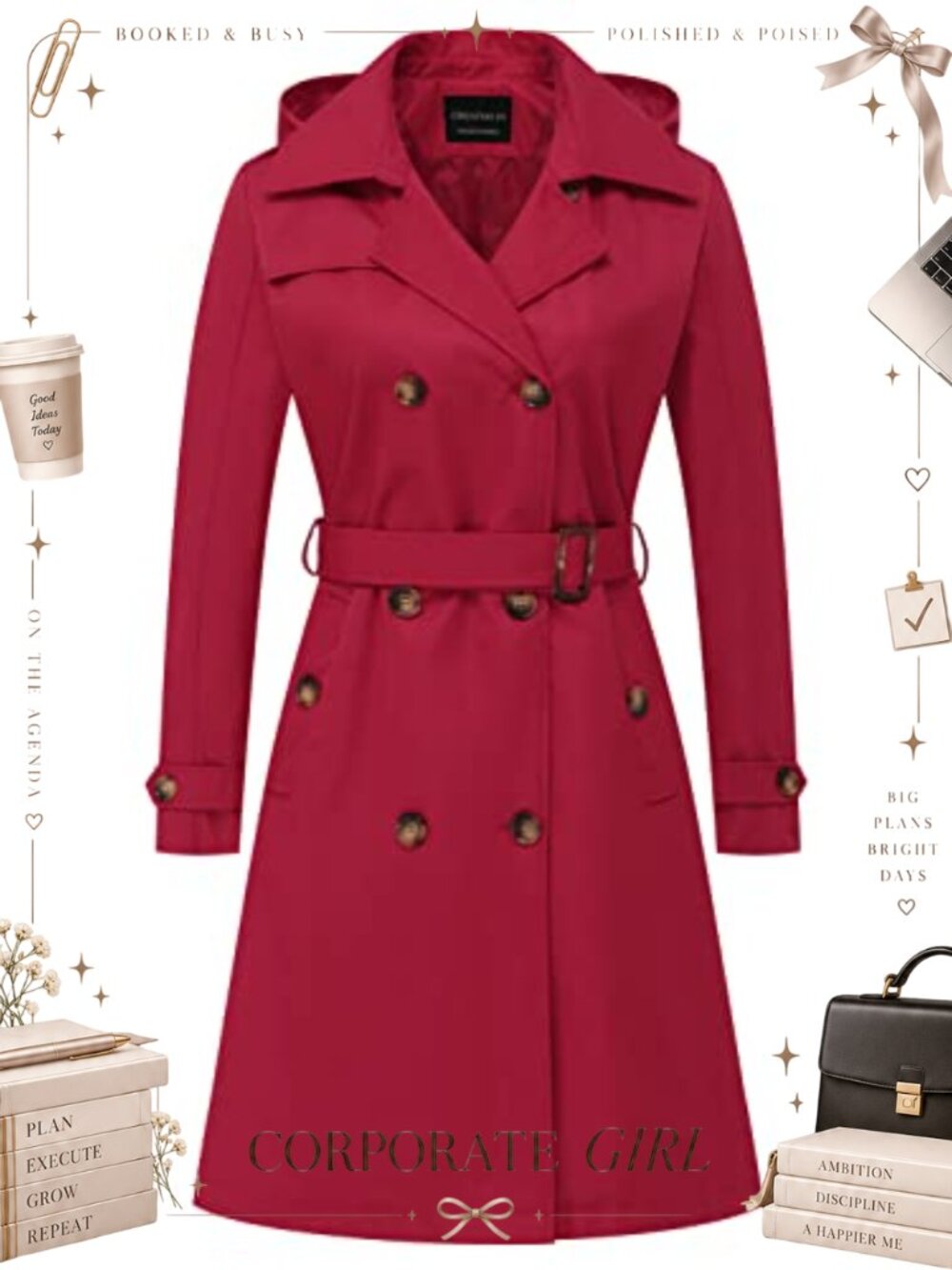 Women's Long Trench Coat Double-Breasted Water-Repellent Belted Overcoat with